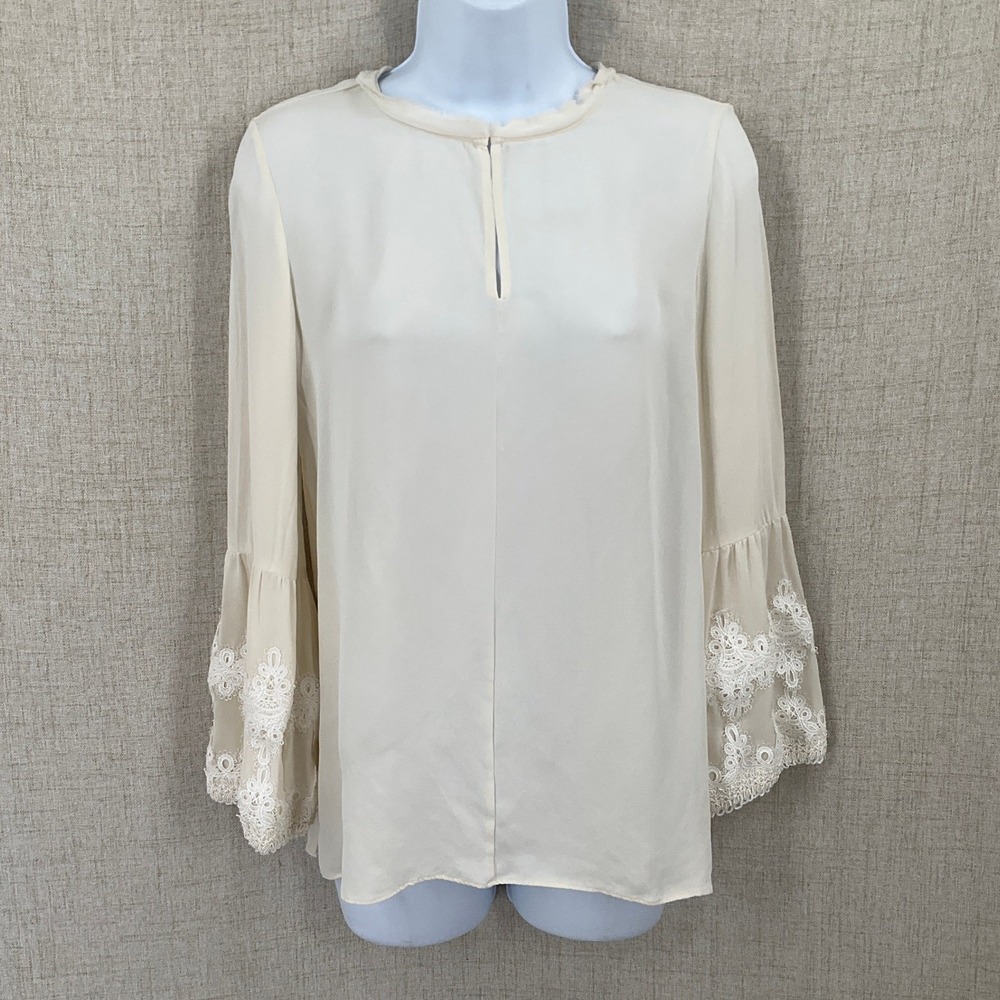 Kobi Halperin Blouse Womens XS Ivory‎ 100% Silk Lace Bell Sleeve Boho Luxury